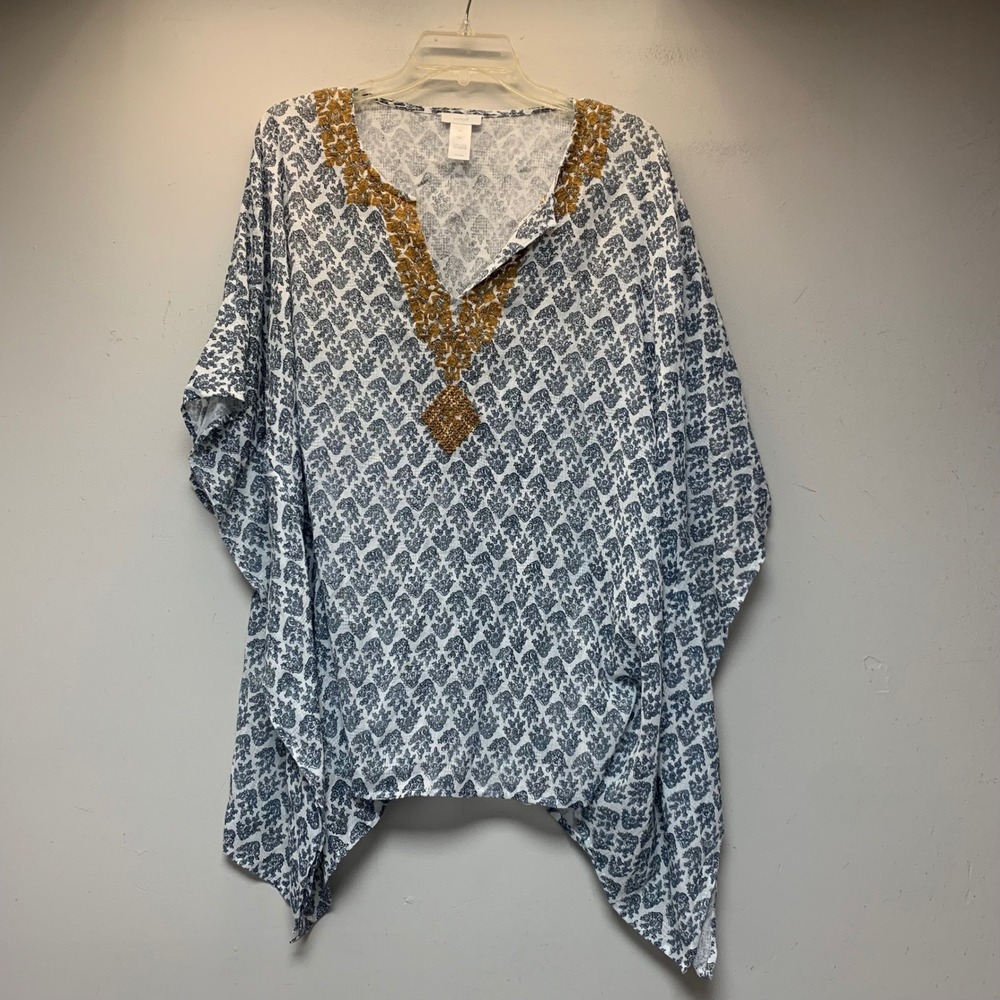 Pure Jill Kaftan Tunic Top Women S-L Blue White Excellent Beaded Cotton 19255